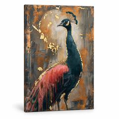 3D vizualizacija platna z motivom pava v profilu, prikazan lesen podokvir in kakovostna izdelava Papilora Premium Art.