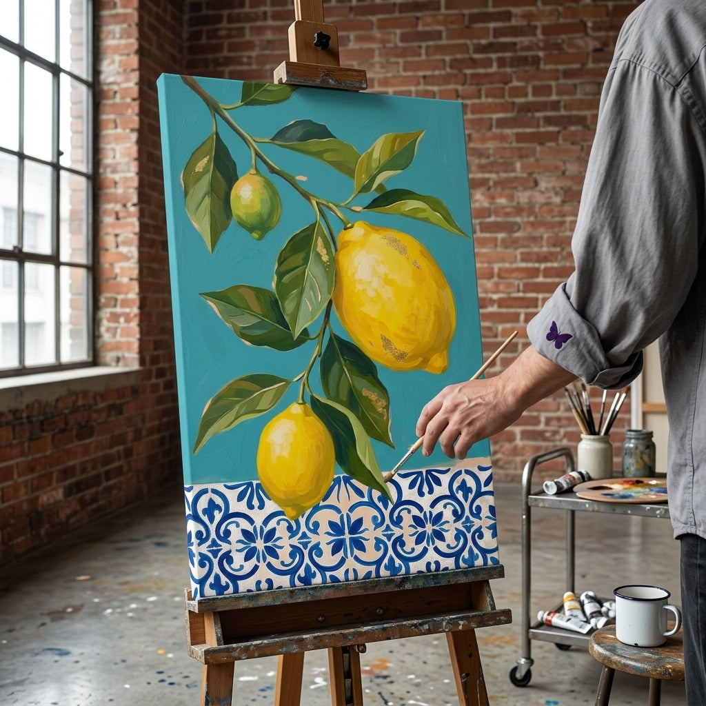 Slika z motivom limon v elegantnem interierju – notranji mockup, Papilora.