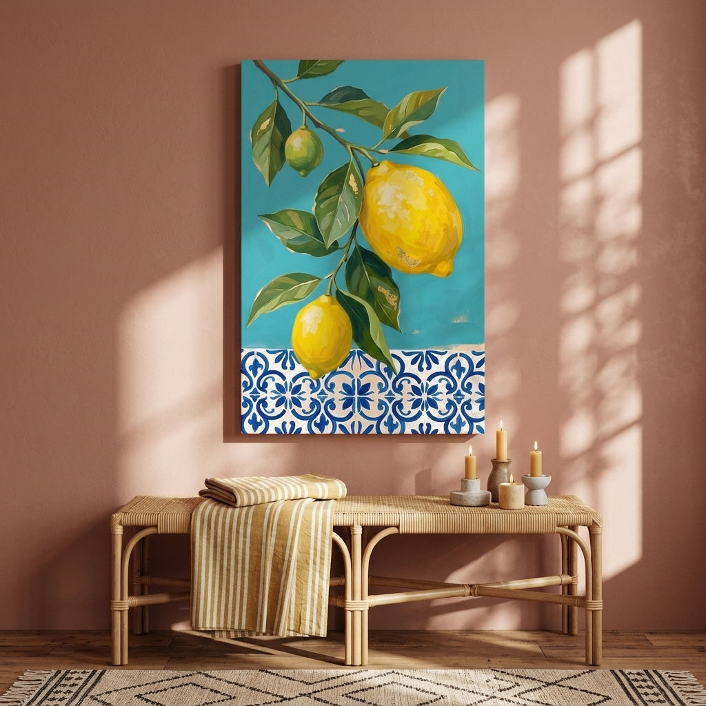 Slika z motivom limon v moderni dnevni sobi – notranji mockup, Papilora.