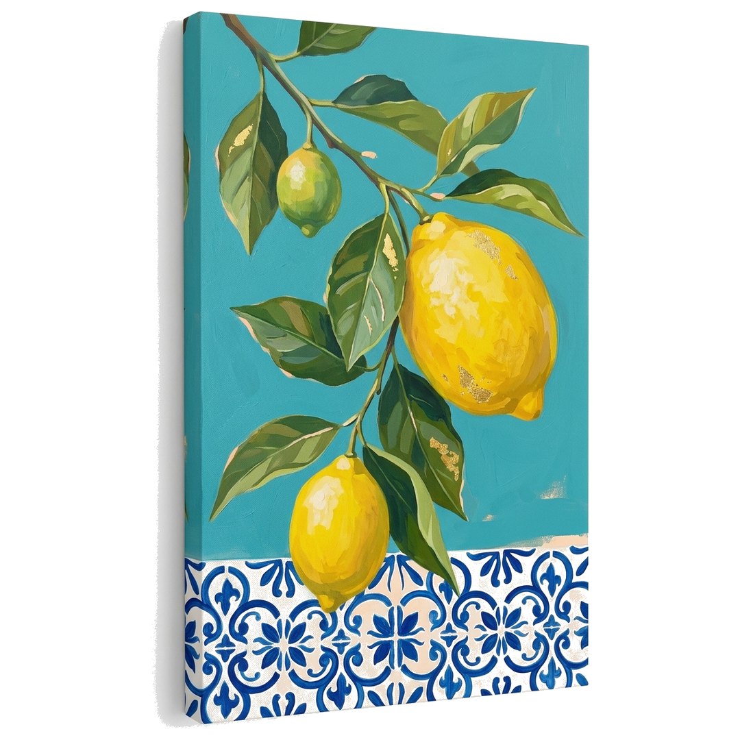 Slika z motivom limon na platnu – 3D vizualizacija canvasa z vidnim lesenim okvirjem, Papilora Premium Art.