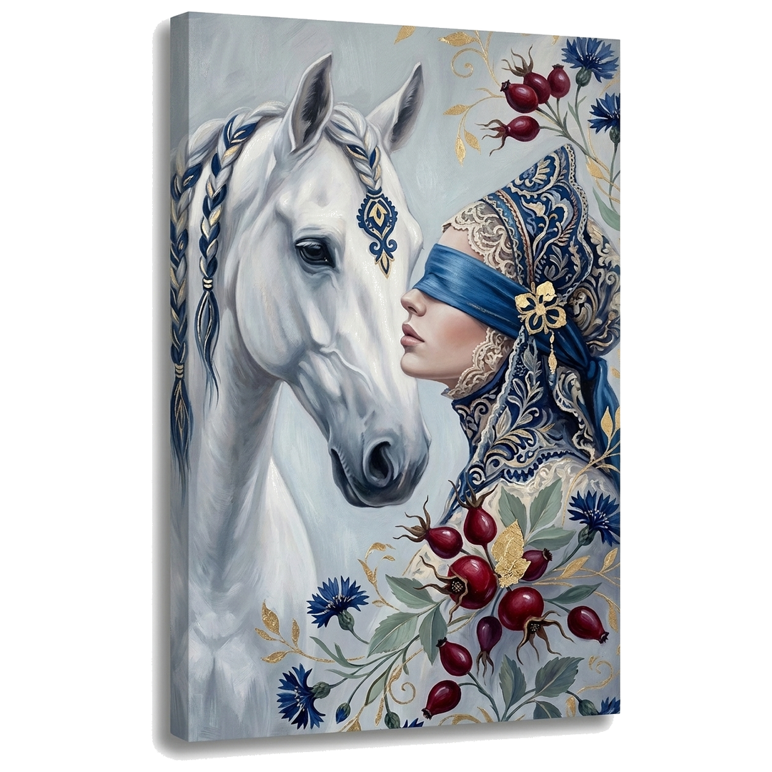 Mistična slika ženske s konjem na platnu s 3D reliefnim učinkom in kakovostnim lesenim okvirjem, Papilora Premium Art.