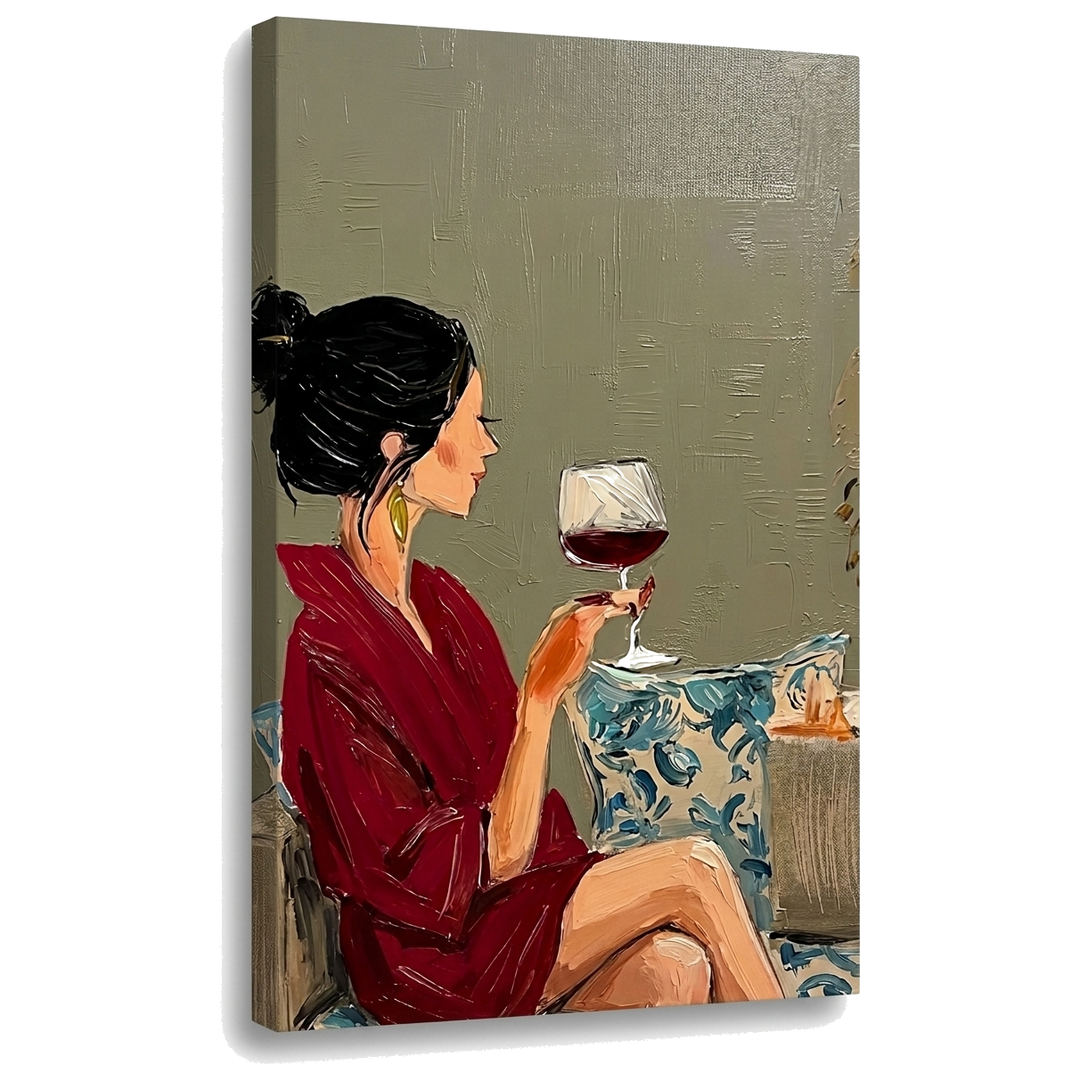 Slika ženske s kozarcem vina na platnu – 3D vizualizacija z vidnim lesenim podokvirjem, Papilora Premium Art.