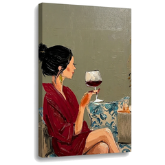 Slika ženske s kozarcem vina na platnu – 3D vizualizacija z vidnim lesenim podokvirjem, Papilora Premium Art.