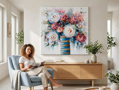 Poslikana slika za steno ROŽE 70x70 cm – ročno poslikana slika v elegantnem interjerju (Scandi cream) | wall mockup | premium canvas | Papilora.sk