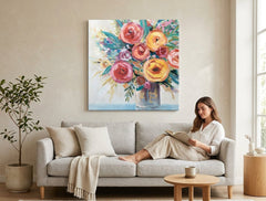 Poslikana slika za steno ROŽE 80x80 cm – ročno poslikana slika v elegantnem interjerju (Modern coastal) | wall mockup | premium platno | Papilora.sk