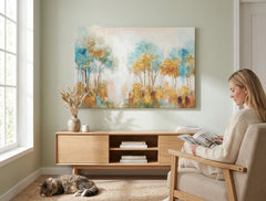 Poslikana slika za steno DREVESA 90x60 cm – ročno poslikana slika v elegantnem interjerju (Mid-century warm) | wall mockup | premium platno | Papilora.sk