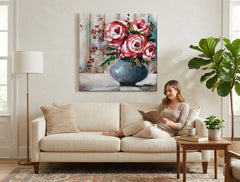 Poslikana slika na steno ROŽE 70x70 cm – ročno poslikana slika v elegantnem interjerju (Modern coastal) | wall mockup | premium platno | Papilora.sk
