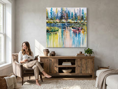 Poslikana slika na steno POKRAJINA 60x60 cm – ročno poslikana slika v elegantnem interierju (Scandi cream) | wall mockup | premium canvas | Papilora.sk