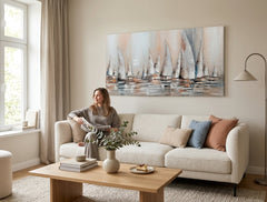 Poslikana slika za steno JADRNICE 140x70 cm – ročno poslikana slika v elegantnem interjerju (Modern coastal) | wall mockup | premium platno | Papilora.sk