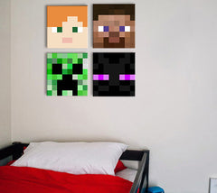 Slika na platnu z motivom Minecraft liki in bitja obešena v sodobnem stilskem interjerju nad leseno konzolo z vazo in svečo, Papilora.