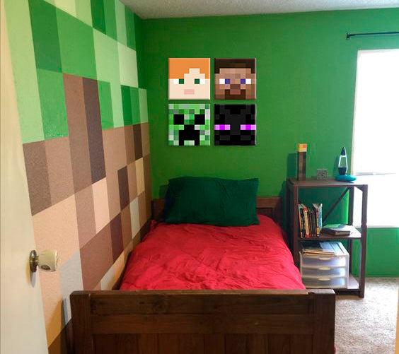 Slika na platnu z motivom Minecraft liki in bitja – 3D prikaz platna z vidnim lesenim okvirjem, Papilora.