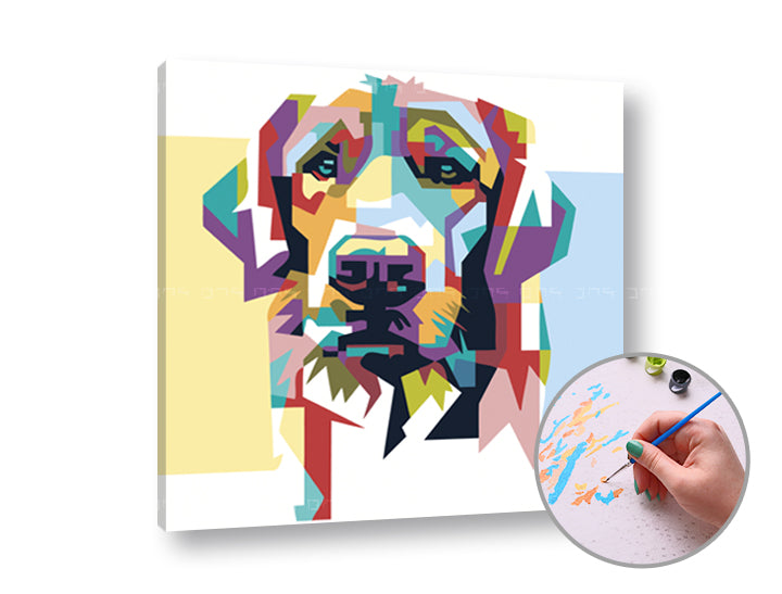 Slika na platnu z motivom barvita glava psa v pop art slogu – 3D prikaz platna z vidnim lesenim okvirjem, Papilora.