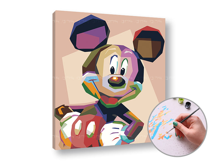 Slika na platnu z motivom pisani mickey miška – 3D prikaz platna z vidnim lesenim okvirjem, Papilora.
