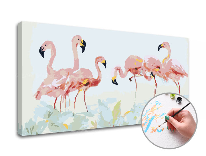 Slika na platnu z motivom rožnati flamingi v naravi – 3D prikaz platna z vidnim lesenim okvirjem, Papilora.
