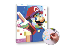 Slika na platnu z motivom barvit Mario v pop art slogu – 3D prikaz platna z vidnim lesenim okvirjem, Papilora.