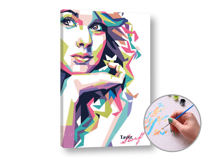 Slika na platnu z motivom barvit portret ženske v pop art slogu – 3D prikaz platna z vidnim lesenim okvirjem, Papilora.