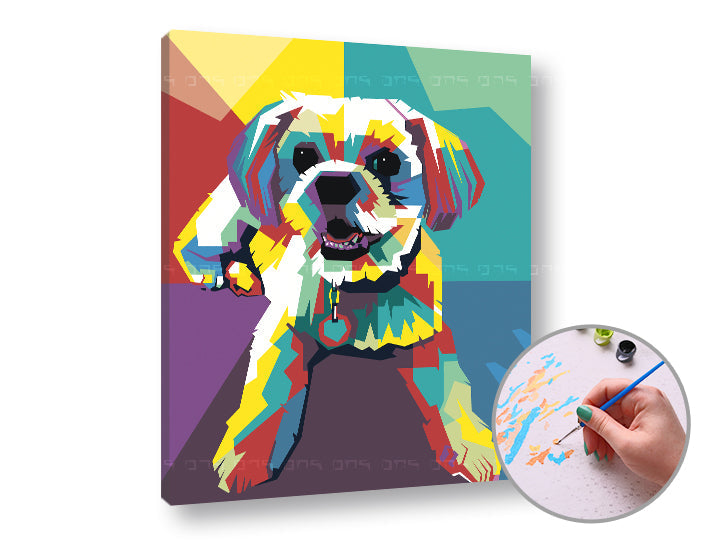 Slika na platnu z motivom pisani kuža v pop art slogu – 3D prikaz platna z vidnim lesenim okvirjem, Papilora.