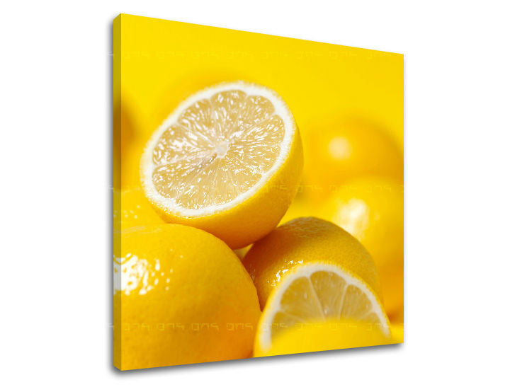 Slika na platnu z motivom rumene limone in rezine – 3D prikaz platna z vidnim lesenim okvirjem, Papilora.