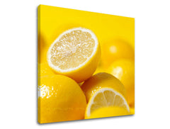 Slika na platnu z motivom rumene limone in rezine – 3D prikaz platna z vidnim lesenim okvirjem, Papilora.