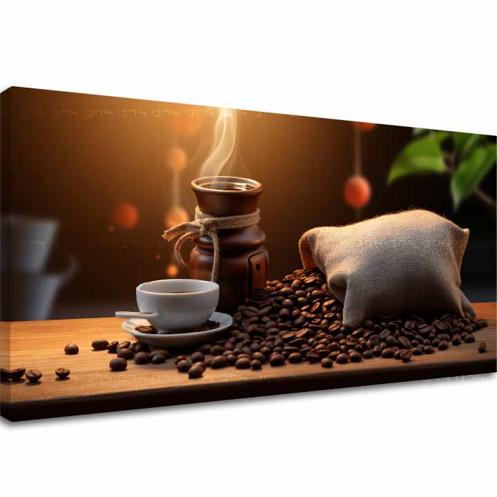 Slika na platnu z motivom kava, kavna zrna in skodelica – 3D prikaz platna z vidnim lesenim okvirjem, Papilora.