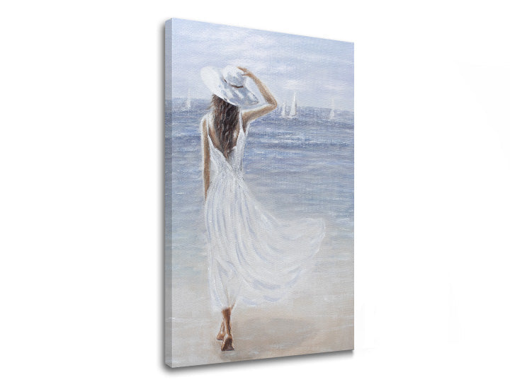 Slika na platnu z motivom ženska v beli obleki na plaži – 3D prikaz platna z vidnim lesenim okvirjem, Papilora.