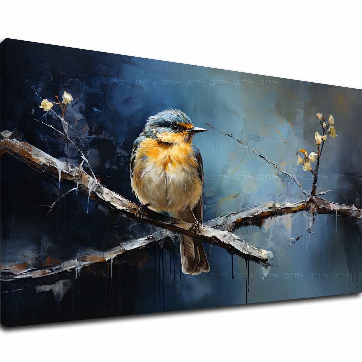 Slika na platnu z motivom ptica na veji, modro-oranžna – 3D prikaz platna z vidnim lesenim okvirjem, Papilora.