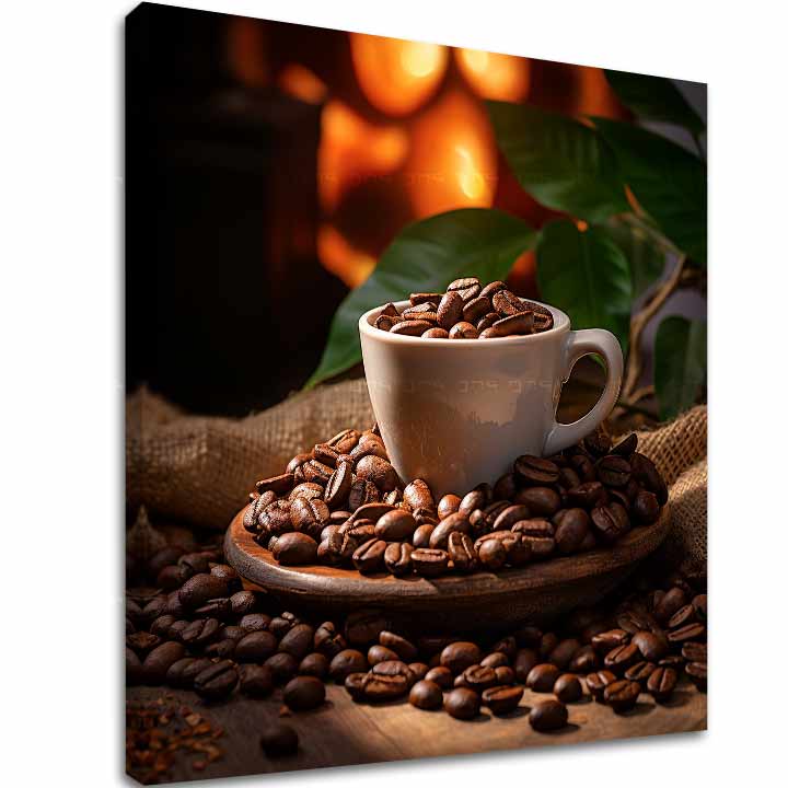 Slika na platnu z motivom skodelica in kup kavnih zrn – 3D prikaz platna z vidnim lesenim okvirjem, Papilora.