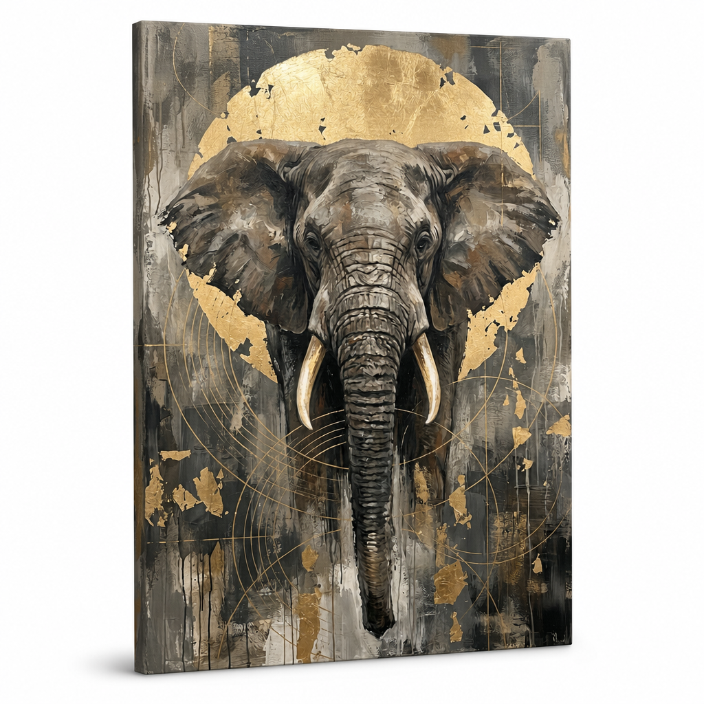 Veličasten portret afriškega slona na platnu s 3D teksturo in zlatimi detajli, prikazan na lesenem okvirju, Papilora Premium Art.