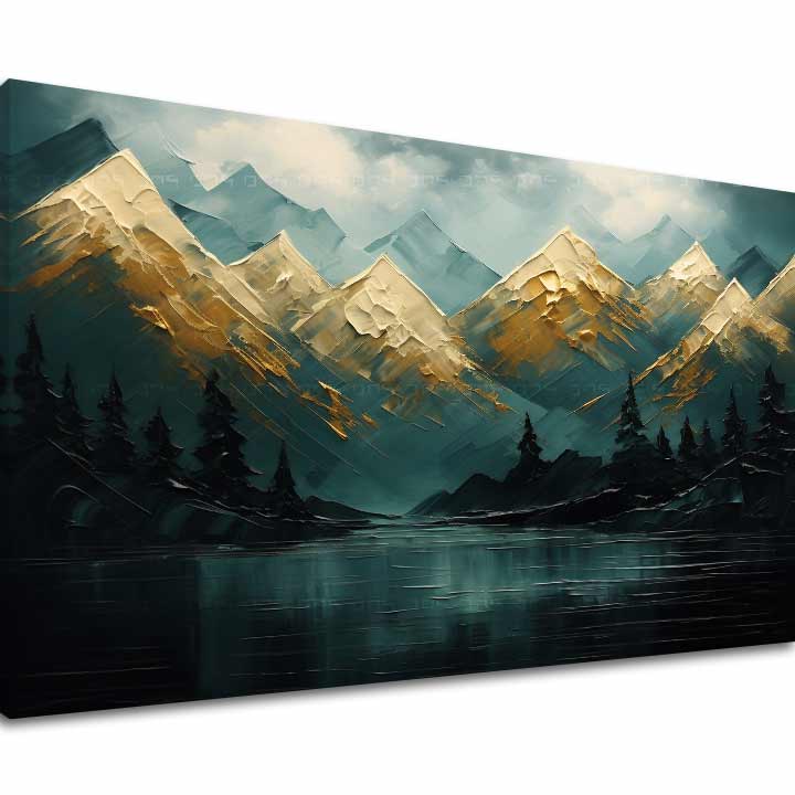 Ročno poslikana premium slika na platnu z zlatimi poudarki z motivom gorska pokrajina z jezerom in drevesi – 3D prikaz platna z vidnim lesenim okvirjem, Papilora.