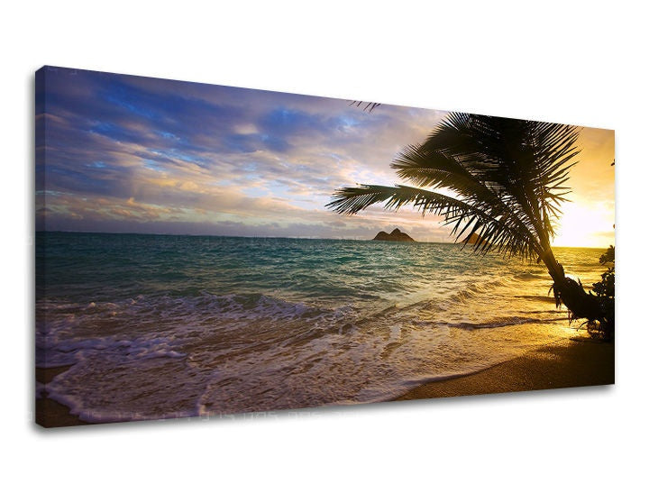 Slika na platnu z motivom sončni zahod na tropski plaži – 3D prikaz platna z vidnim lesenim okvirjem, Papilora.