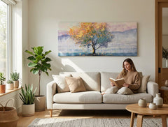 Poslikana slika za steno STROM 120x50 cm – ročno poslikana slika v elegantnem interjerju (Golden hour luxe) | wall mockup | premium platno | Papilora.sk