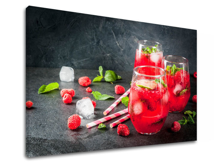 Slika na platnu z motivom maline, led in koktajli – 3D prikaz platna z vidnim lesenim okvirjem, Papilora.