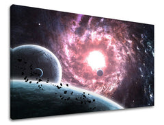Slika na platnu z motivom vesolje s planeti in rožnato galaksijo – 3D prikaz platna z vidnim lesenim okvirjem, Papilora.