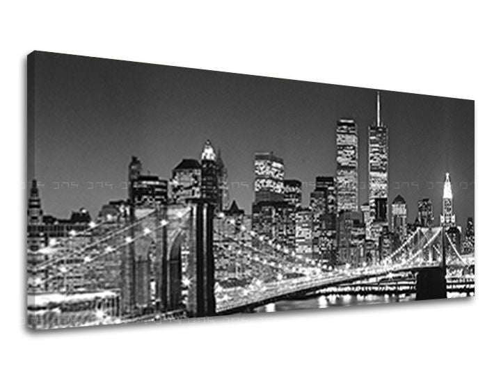 Slika na platnu z motivom brooklynski most in newyorška panorama, črno-belo – 3D prikaz platna z vidnim lesenim okvirjem, Papilora.