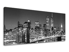 Slika na platnu z motivom brooklynski most in newyorška panorama, črno-belo – 3D prikaz platna z vidnim lesenim okvirjem, Papilora.