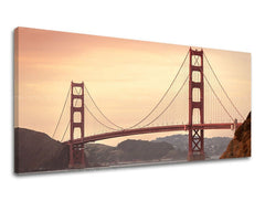 Slika na platnu z motivom most Golden Gate ob sončnem zahodu – 3D prikaz platna z vidnim lesenim okvirjem, Papilora.