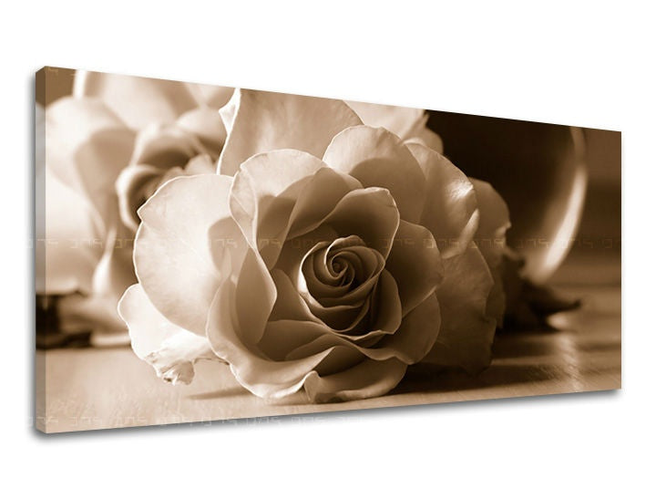Slika na platnu z motivom ena vrtnica v sepia tonih – 3D prikaz platna z vidnim lesenim okvirjem, Papilora.