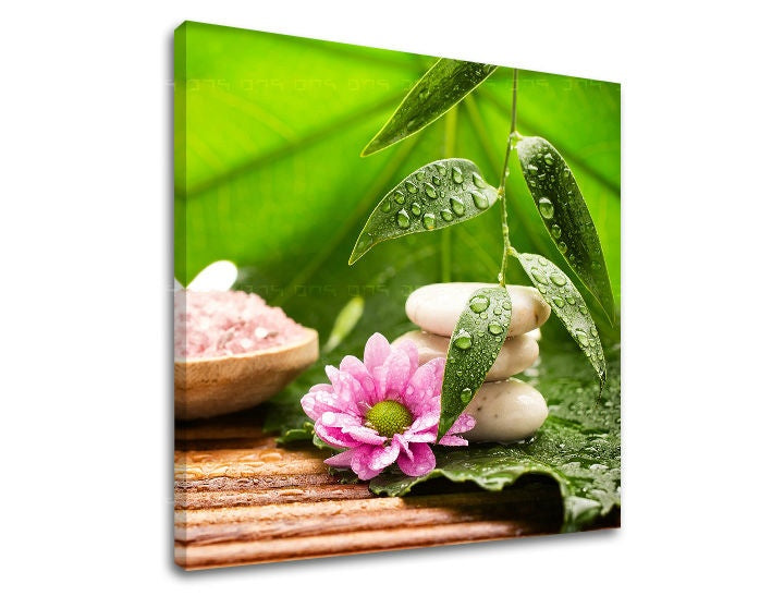 Slika na platnu z motivom spa elementi z rožo in listi – 3D prikaz platna z vidnim lesenim okvirjem, Papilora.